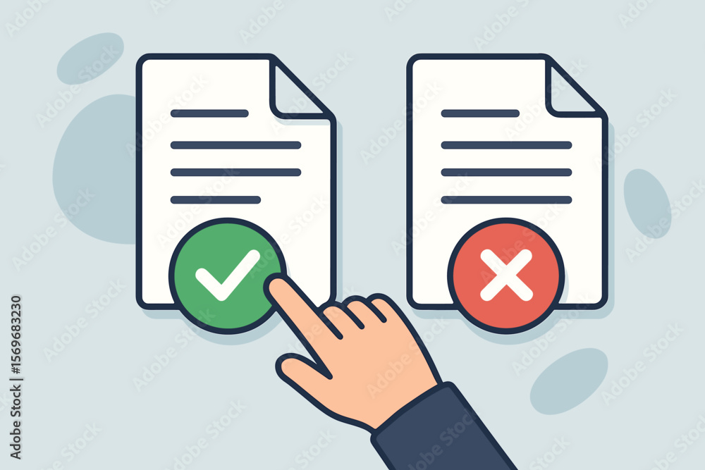 Poster approval and rejection concept. hand pressing green check mark button on document. accept or deny. d