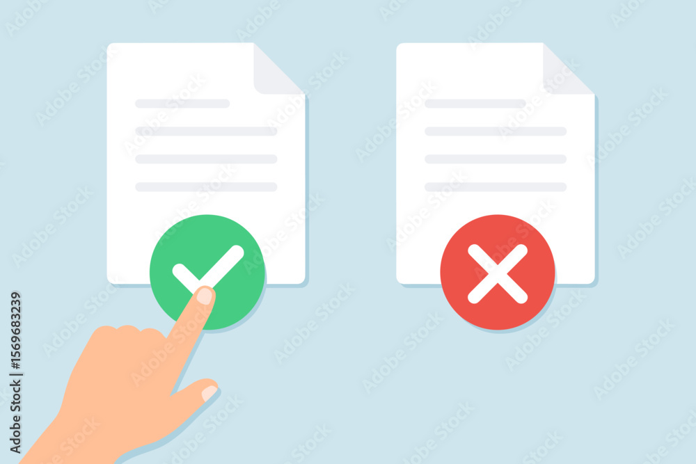 Poster approval and rejection concept with document icons. finger presses green check mark for yes. accepte