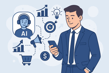 AI digital marketing technology concept. Businessman using smartphone with a virtual assistant for automation, online commerce, fintech, and business strategy analysis.