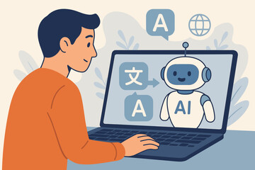 AI technology application for automatic translation system. Person uses laptop with a virtual robot chatbot for language translation. Artificial intelligence online service concept.