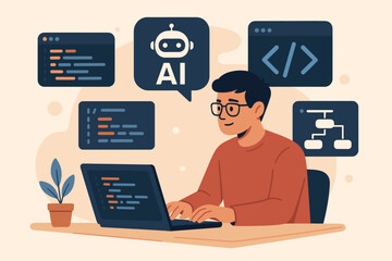 AI-powered web development and programming. A software developer character is coding with artificial intelligence support. Machine learning and AI-assisted workflow concept.