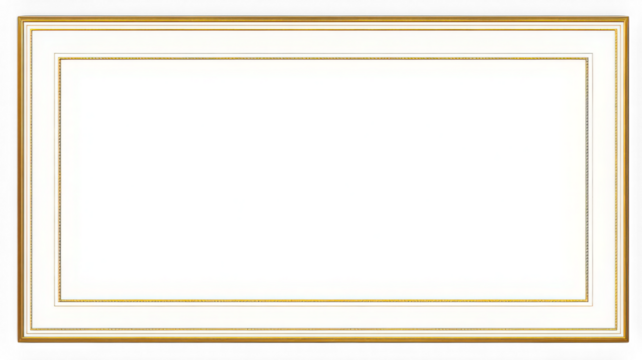 A rectangular white frame with a gold border on a white background view