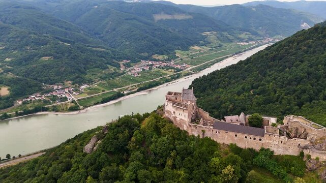 Aerial View of Medieval Aggstein Fortress in Lower Austria. Top Cinematic Aerial view