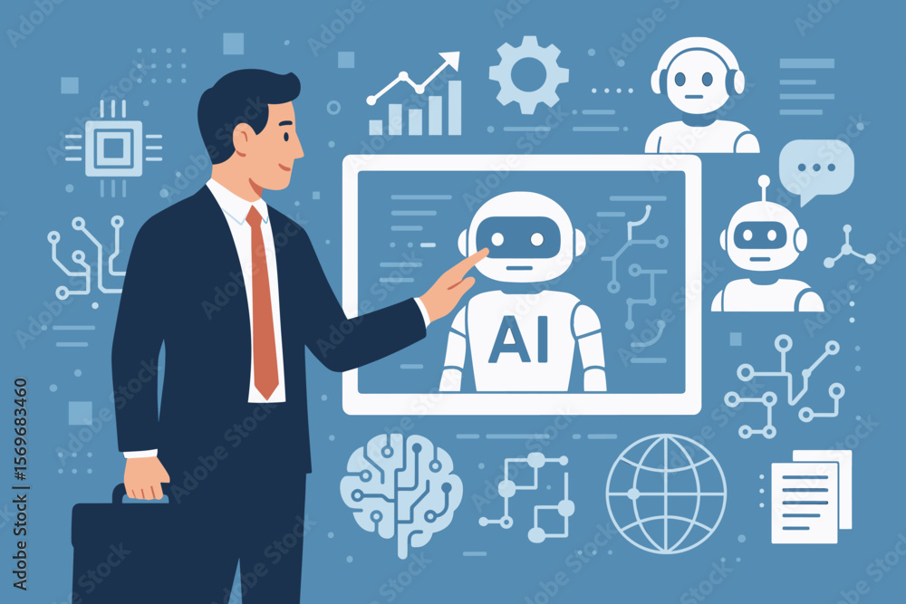 Poster artificial intelligence concept. businessman interacts with ai agent interface. robot, chatbot, auto