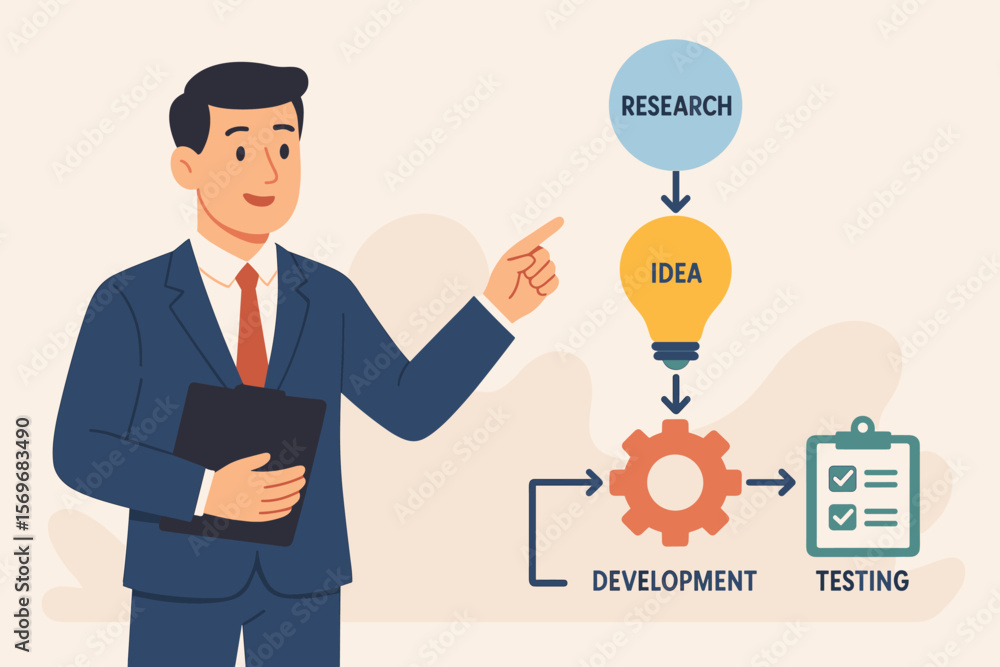 Poster businessman presenting research and development r&d process. new product development lifecycle flowc
