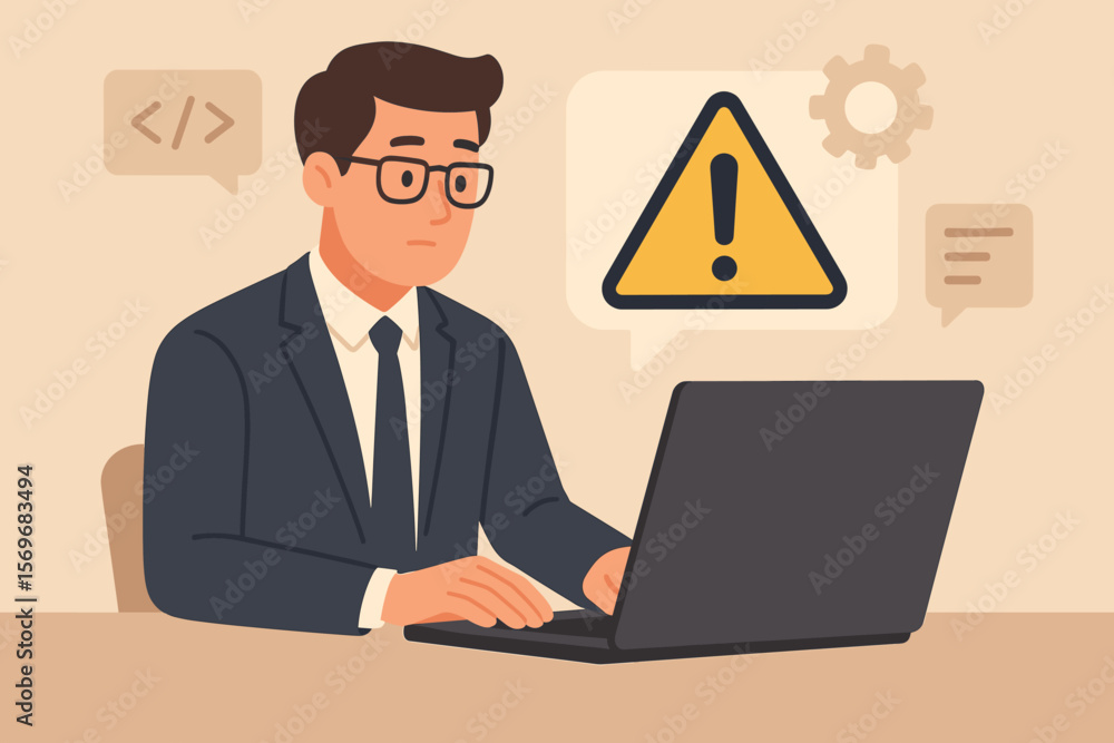 Poster businessman, it professional, or programmer using a laptop with a prominent triangle caution warning