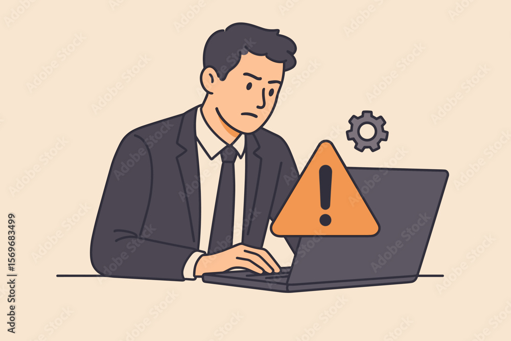 Poster businessman or it staff programmer looking at laptop with error notification. concept of system main