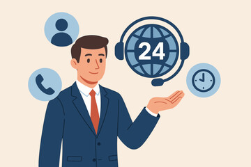 Customer service concept with businessman offering 24/7 global support. Worldwide nonstop and full-time virtual assistance. Call center contact, helpdesk care icon vector.