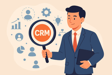 CRM concept. Businessman holding a magnifying glass focusing on Customer Relationship Management. Business strategy for data analysis, marketing automation and client retention.