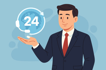 Customer service concept with businessman holding 24 hours support icon. Worldwide nonstop assistance. Global call center, help desk and client care business vector illustration.
