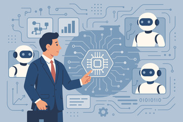Businessman interacting with AI agents interface for automation, data processing, and digital transformation. Artificial intelligence, innovation, and technology concept.