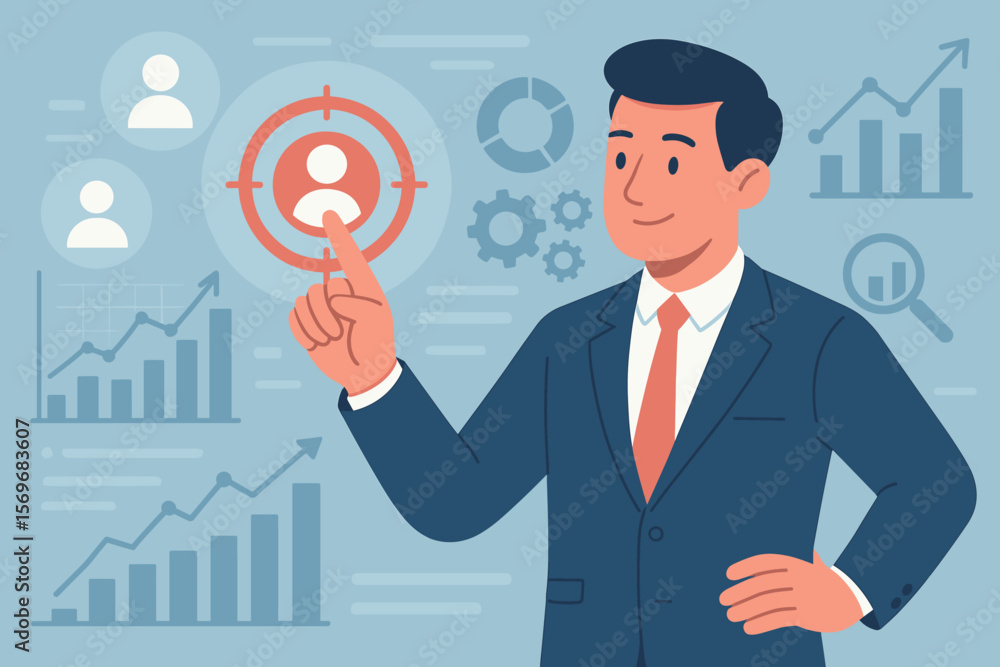 Poster marketing strategy concept with businessman targeting customers on digital interface. crm, data anal