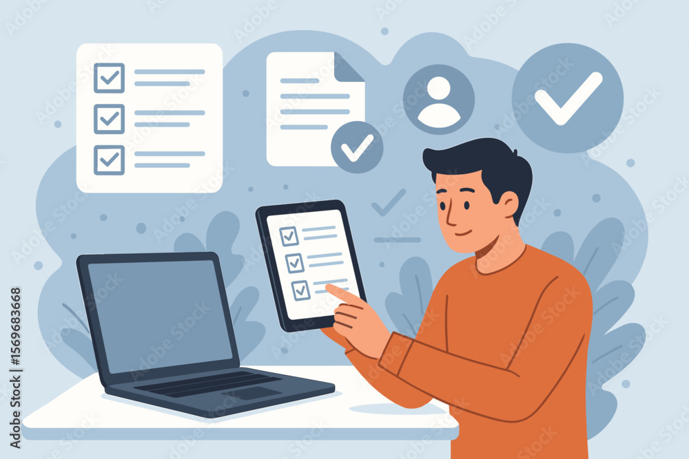 Poster digital checklist and document management system concept. man using tablet and laptop for online for