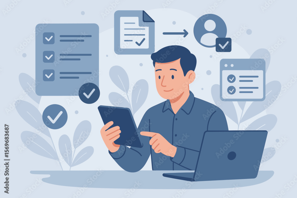 Poster digital checklist and document management system concept. man using tablet and laptop for online for