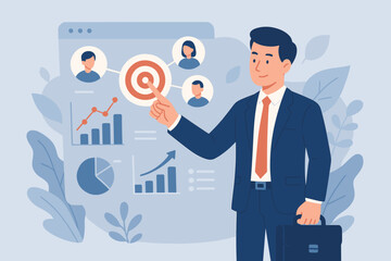 Businessman using digital interface to target customers. Marketing strategy, customer relationship management CRM, data analytics and business growth concept vector illustration.