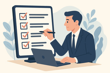Businessman Completing Online Checklist, Assessment, Survey, Evaluation or Questionnaire on Computer, Filling Form, Choosing Correct Answers, Digital Exam Concept Illustration