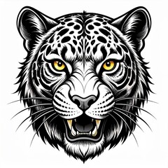 Fototapeta premium Roaring Snow Leopard Head Portrait, Black and White Illustration