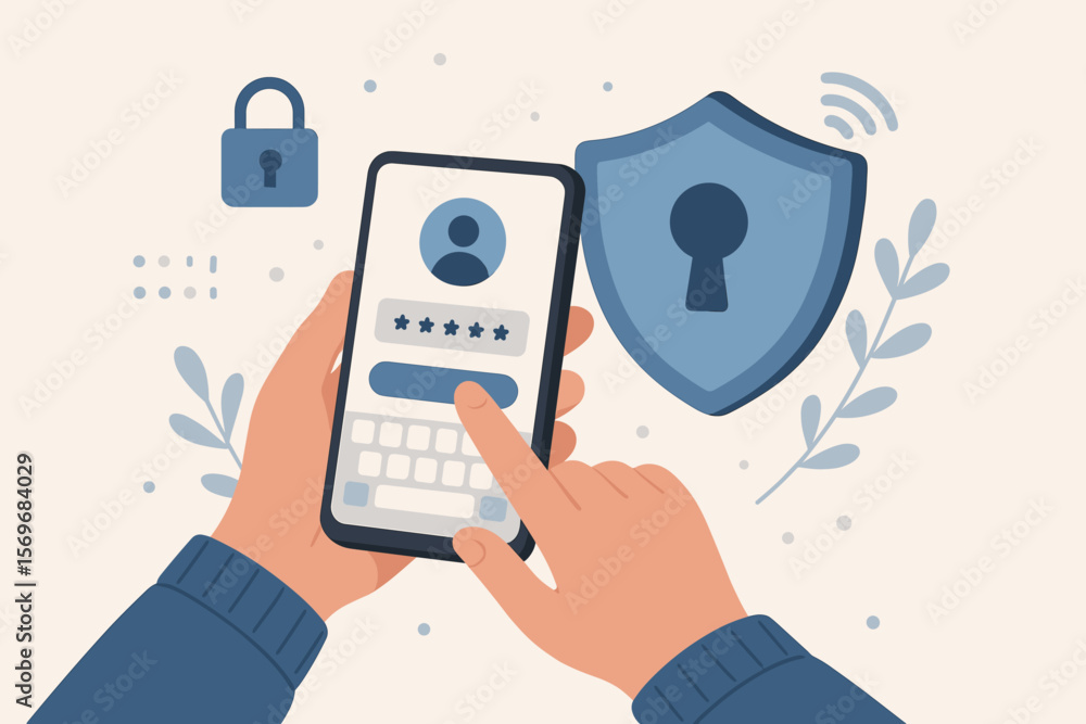Poster cyber security password login concept. hands entering username and password on smartphone. online ba