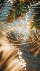Sunlight reflects on rippling water near sandy beach. Palm leaves cast shadows over the surface, a serene summer