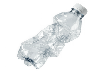 A crushed and empty plastic water bottle isolated on transparent background, ready for recycling