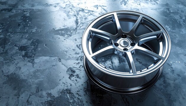 Chrome Wheel on Textured Surface: A close-up, photorealistic image captures the sleek, reflective surface of a chrome wheel resting against a textured, metallic background.