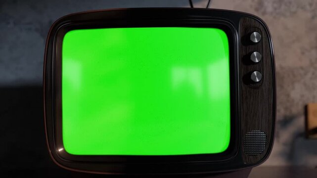 Retro TV in dark horror room with green screen and thunderstorm flashes – looped footage with chroma key and easy tracking clip included.