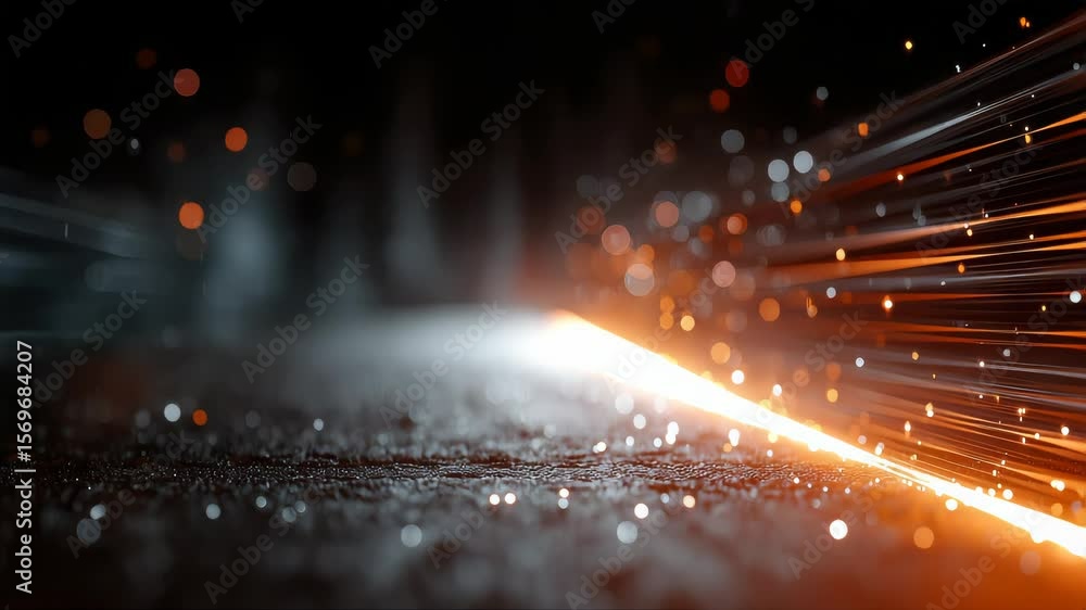 Poster abstract data stream with glowing orange and blue particles flowing in a dynamic futuristic environm