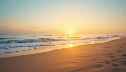 Serene Sunset Beach Scene with Golden Light Reflecting on Wet Sand