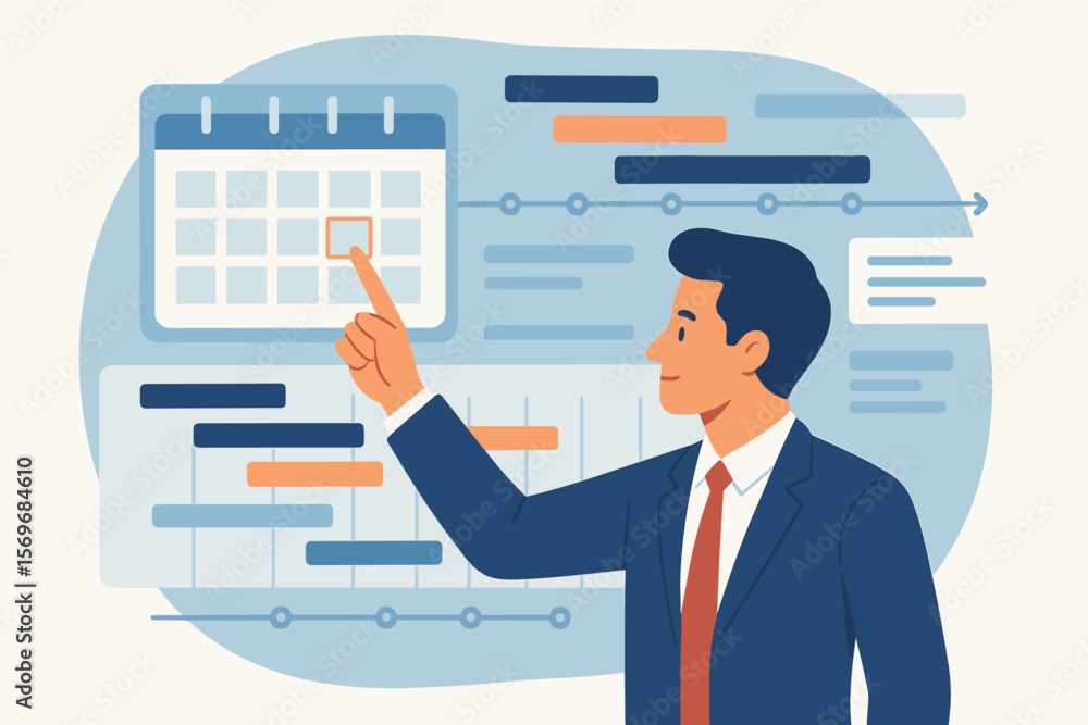 Poster businessman scheduling tasks on digital calendar with gantt chart timeline, project planning, time m