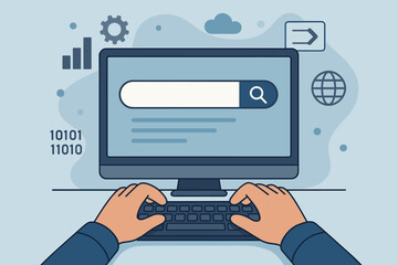 Search engine optimization technology concept. Man typing on computer keyboard for online information search. Modern flat vector cartoon illustration with data, internet, digital analytics.