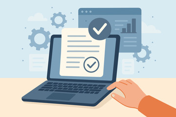 Hand using laptop computer with digital document approval, paperless workflow, quality assurance, ERP management, online verification, business automation, flat vector illustration