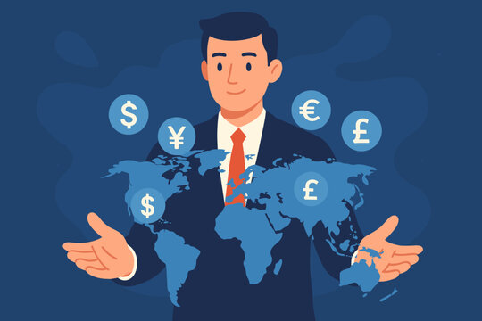 Global currency exchange concept, businessman in suit presenting virtual world map with dollar, yen, yuan, euro, pound symbols, international finance, forex trading, global business