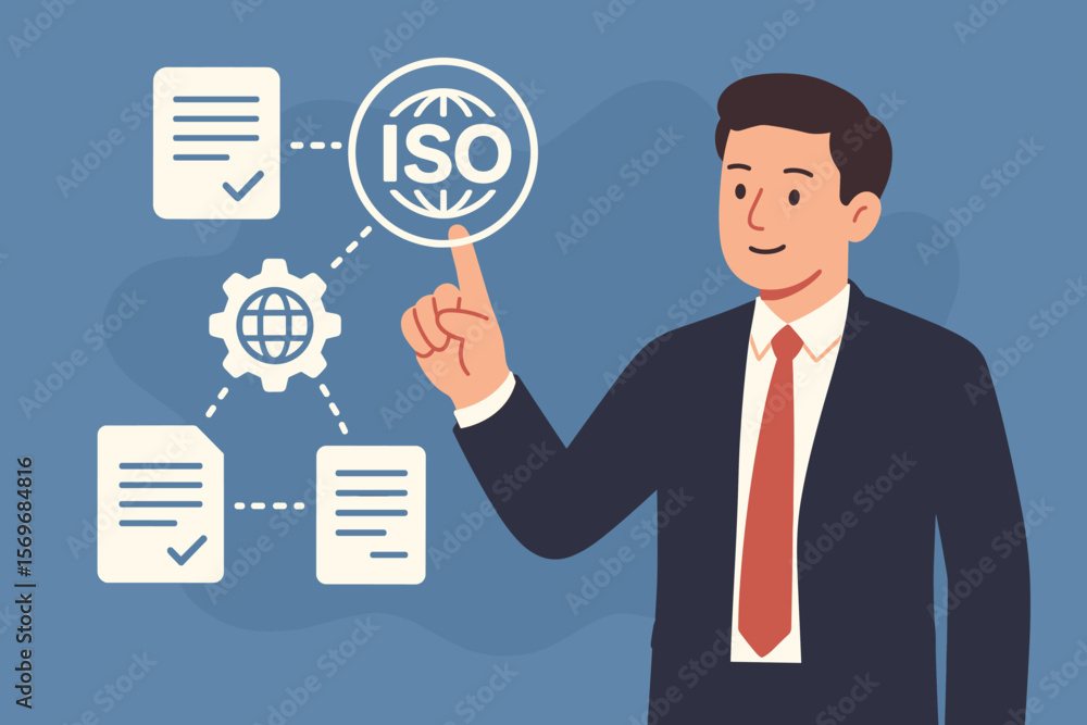 Poster iso certification quality management system concept with businessman touching global interface, docu