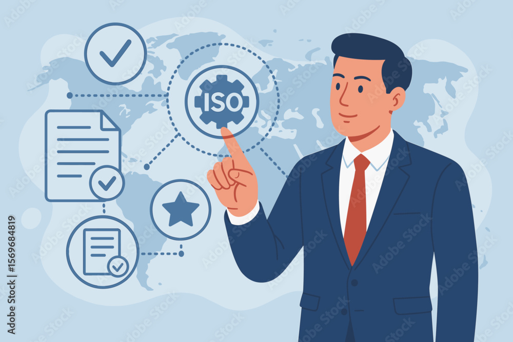 Poster iso certification and quality management system concept with businessman touching global interface, 
