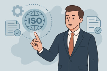 ISO certification quality management concept with businessman in suit touching global interface, compliance audit, document approval, standardization, enterprise process control