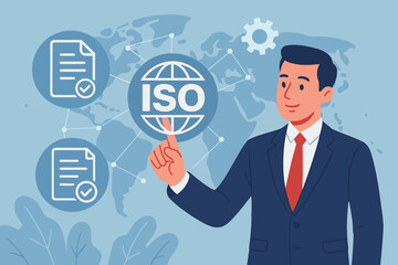 ISO Certification Quality Management Concept with Businessman Touching Global Interface, Compliance Documents, Audit, Standardization, International Standards, Corporate Process