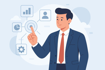 Businessman in Suit Touching Virtual Interface Dashboard. Modern Flat Vector Illustration. Data Analysis, Digital Transformation, Technology, Management, Workflow Optimization Concept