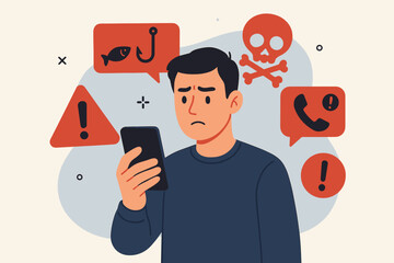 Man holding smartphone surrounded by warning alerts, phishing scam messages, suspicious calls, cyber threat notifications, online security risks, digital danger concept