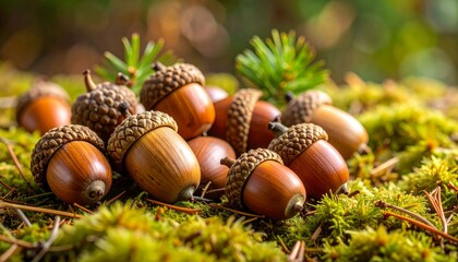 Still life of fallen acorns and curled bark resting on lichen-covered ground with scattered pine needles 