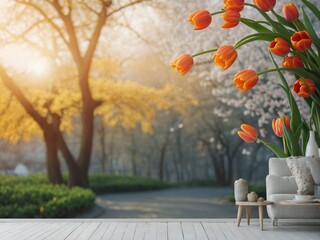 Spring Festival Table Setting with Tulips and Orange Flowers