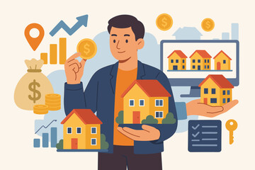 Real estate investment and property management concept. Buying, selling, owning houses for profit. Cash flow, appreciation, tax benefits, online realty, financial growth, housing market
