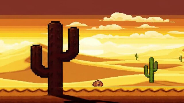 Pixelated Cactus Stands Tall in a Retro Desert Landscape at Sunset, showcasing 8-bit design and vintage gaming aesthetics.