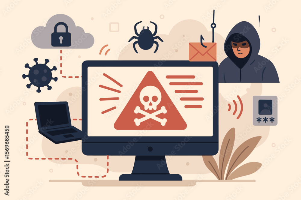 Poster cyber attack warning alert on computer network. hacked system vulnerability, data breach, phishing, 