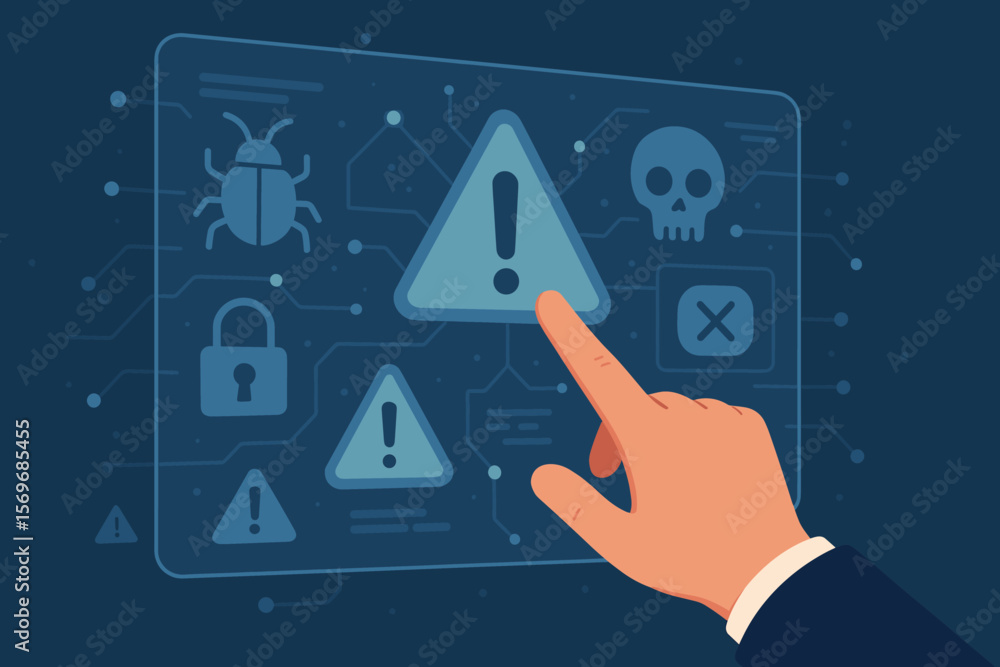 Poster cybersecurity warning alert on digital interface with hand touch. data breach, malware, hacking, it 