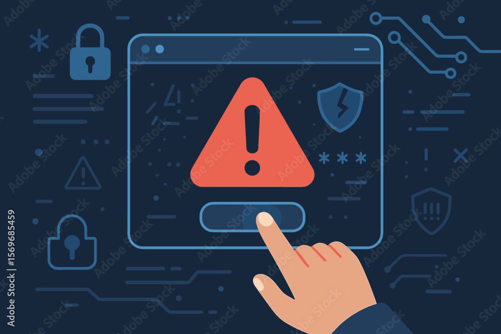 Poster cybersecurity warning alert on digital interface with hand click, data breach risk, malware threat, 