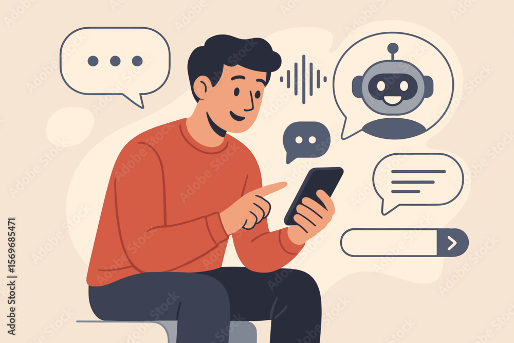 Poster man using smartphone to chat with ai chatbot, surrounded by speech bubbles, voice waveforms, virtual