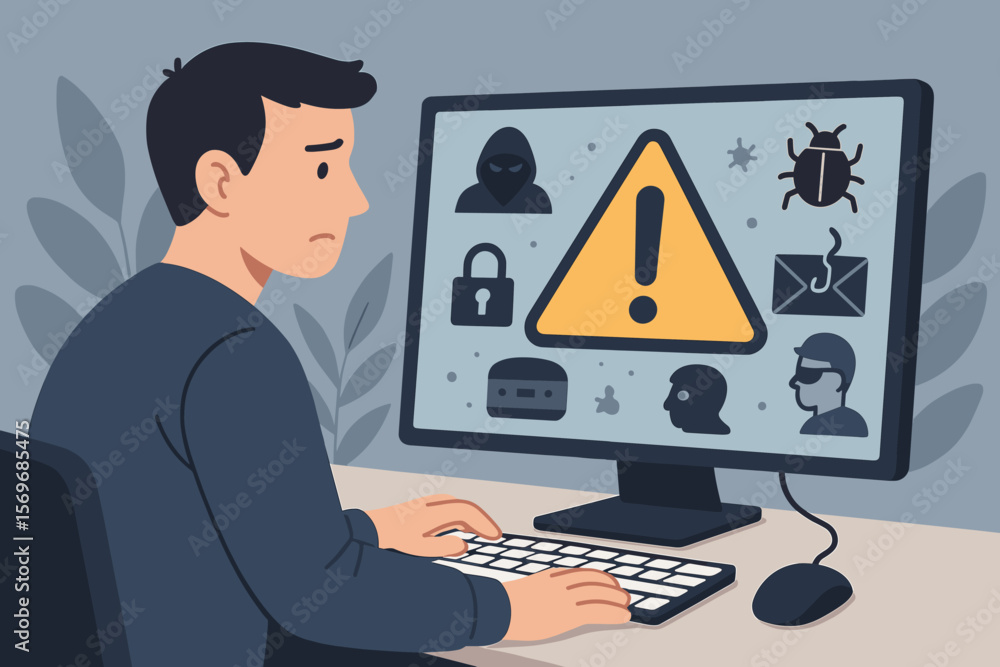 Poster cybersecurity threat alert concept. computer user facing warning sign on screen. hacking, data breac