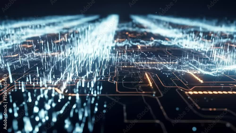 Poster data flowing across circuit board digital animation concept