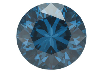 A brilliant round blue diamond with many facets is isolated on transparent background