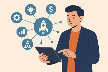 Startup business concept with rocket launch, innovation, finance, teamwork, analytics, digital tablet interface, network connection, entrepreneur planning, modern flat vector illustration